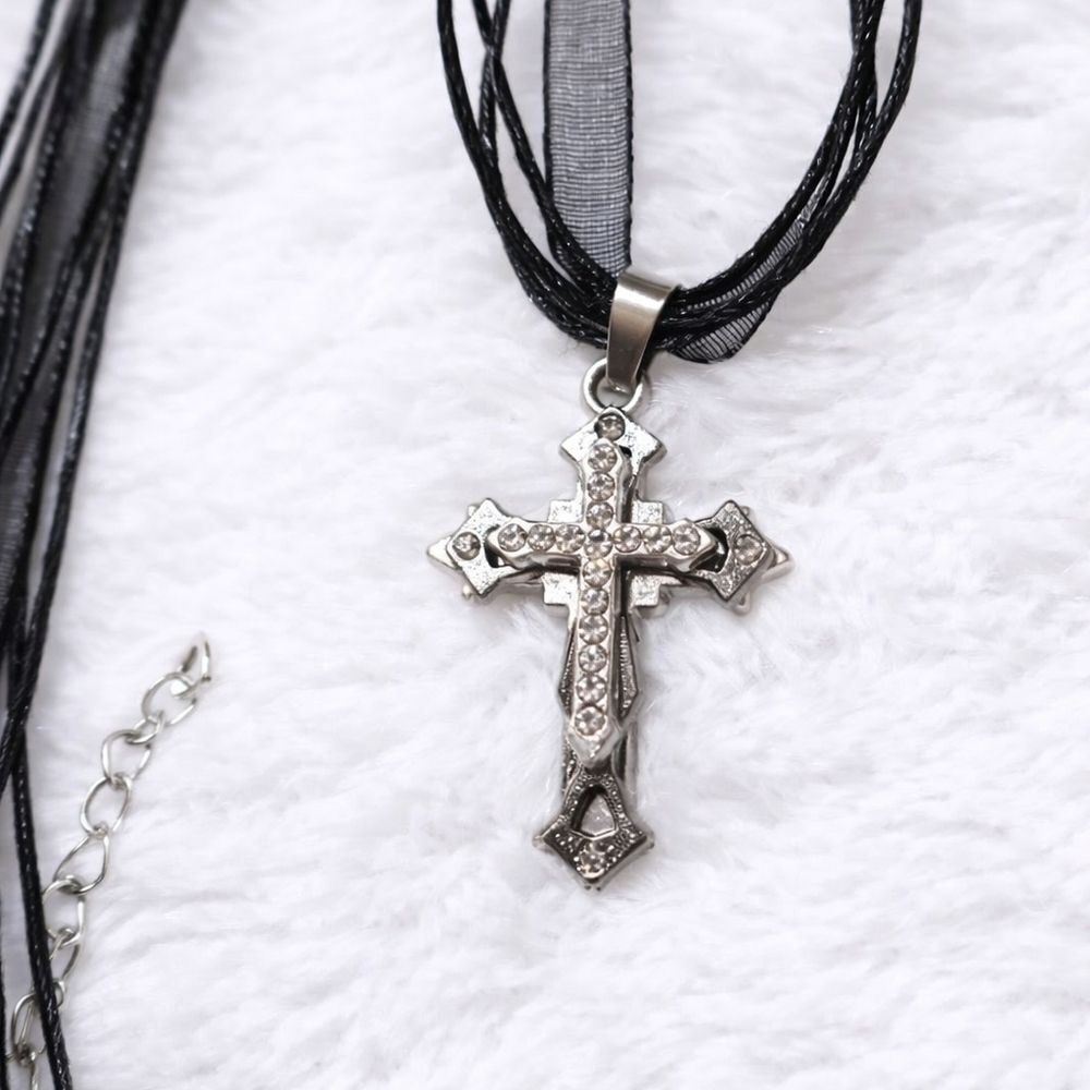 Black Ribbon Silver Rhinestone Cross Necklace - Picture 1 of 6
